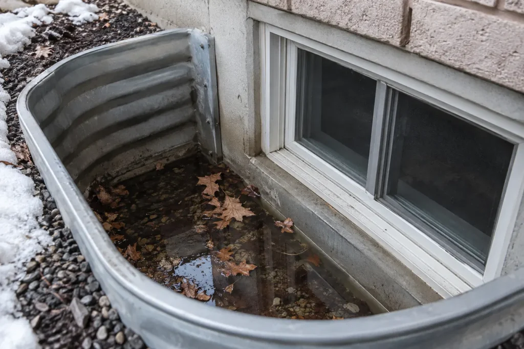 Window well with snowmelt puddle and leaf debris