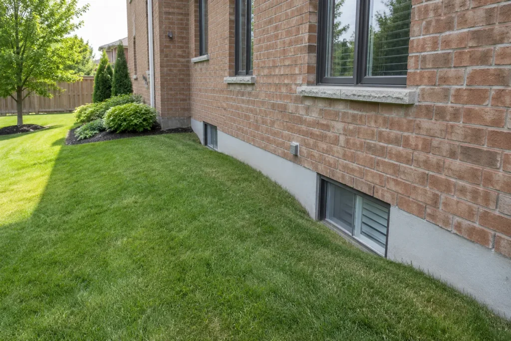 Residential yard grade sloping away from brick foundation