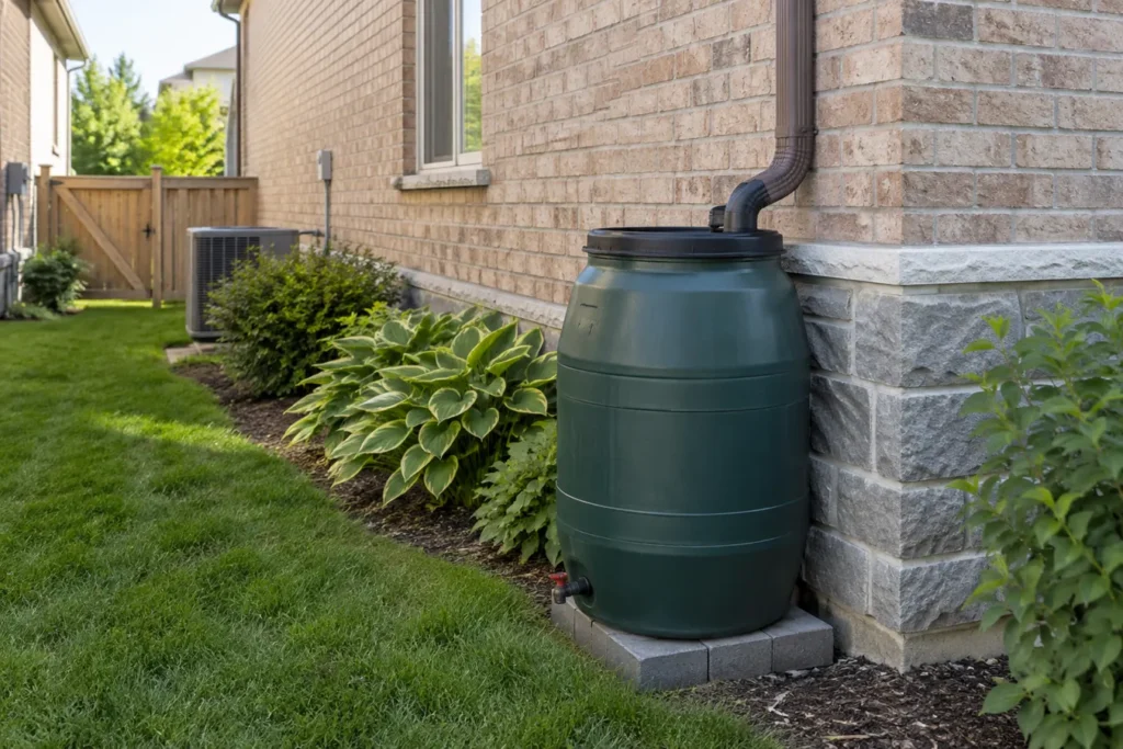Rain barrel and downspout on residential side yard