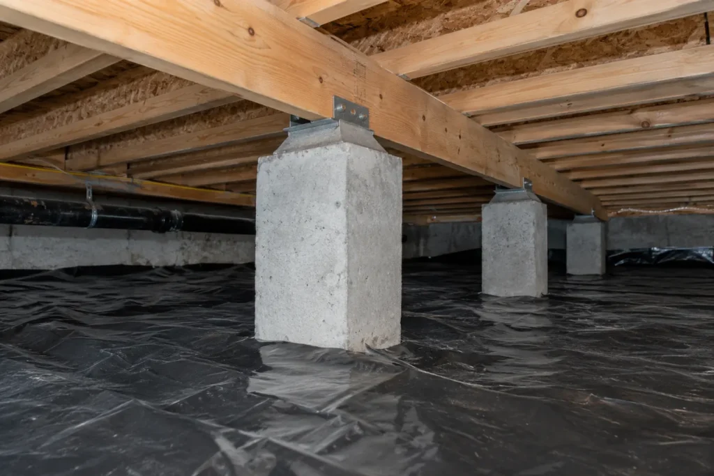 Crawl space foundation pier and ground liner under wood framing