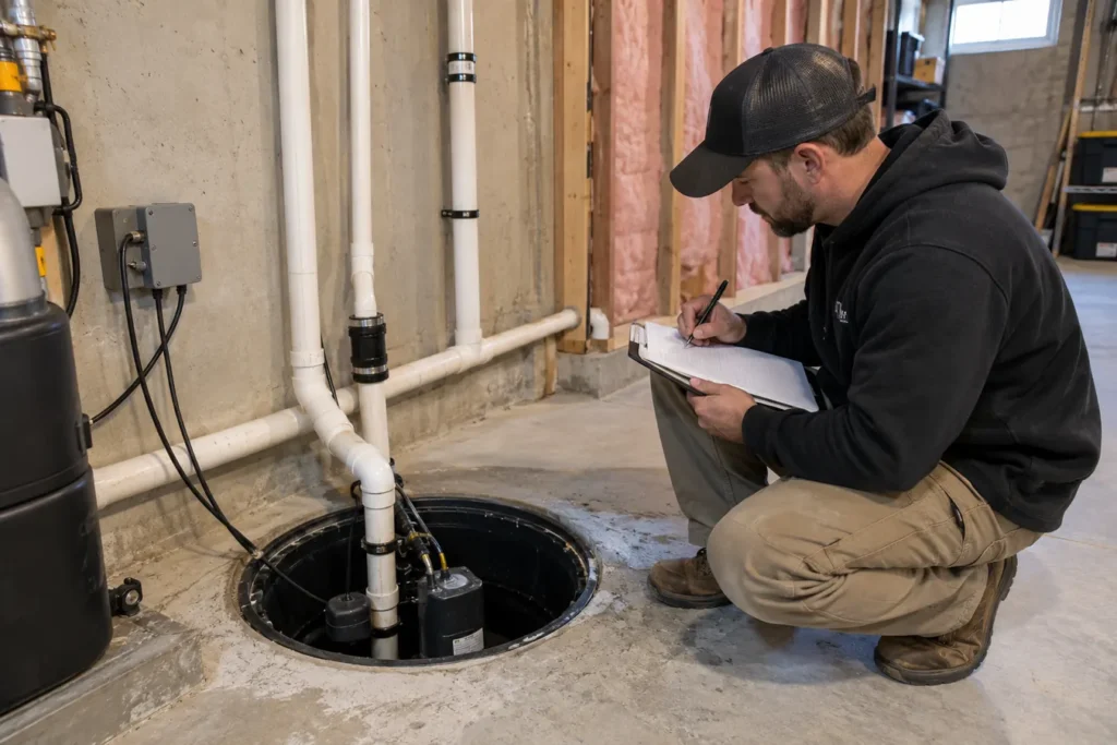 Contractor documenting drainage route with notebook beside sump pit