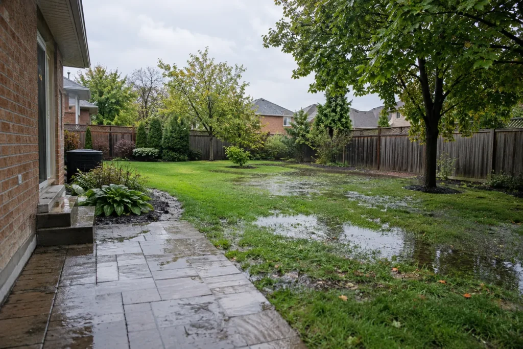 Wide residential backyard after rainfall with shallow water away from house