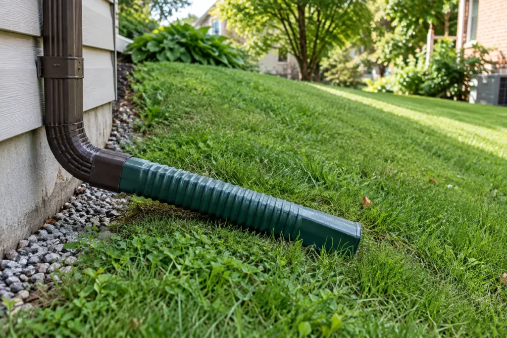 Close inspection of downspout extension on sloped lawn