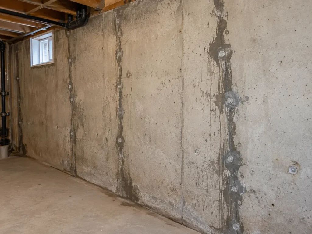 Basement foundation wall with repaired injection ports after sealing