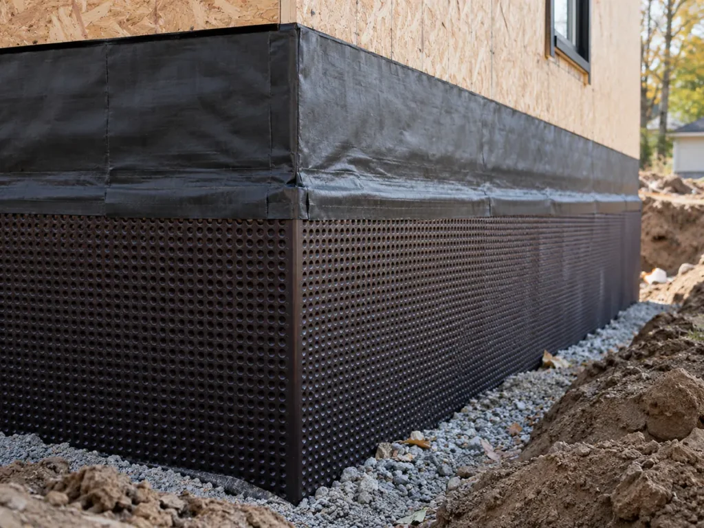 Exterior wall membrane at corner with drainage protection board