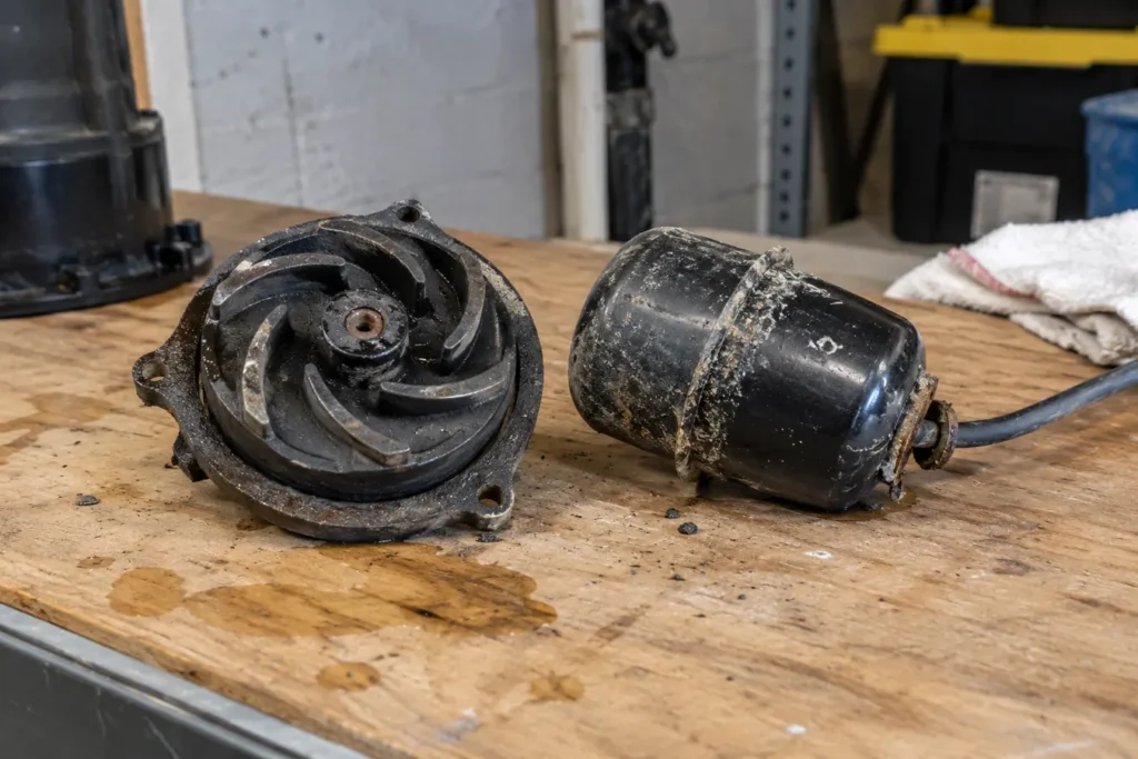 Sump pump impeller and old failed float switch on workbench