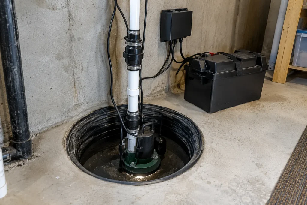 New battery backup pump in sump basin with control unit