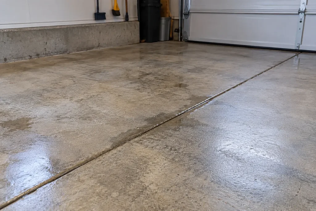 Residential concrete floor with small seepage at sawcut joint