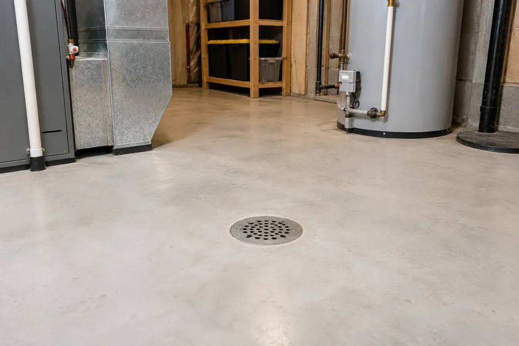 Clean basement utility room floor showing covered floor drain