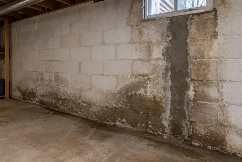 Masonry basement wall with moisture staining near old repair