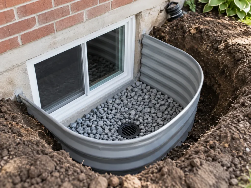 Window well drain with fresh clear stone in clean excavation