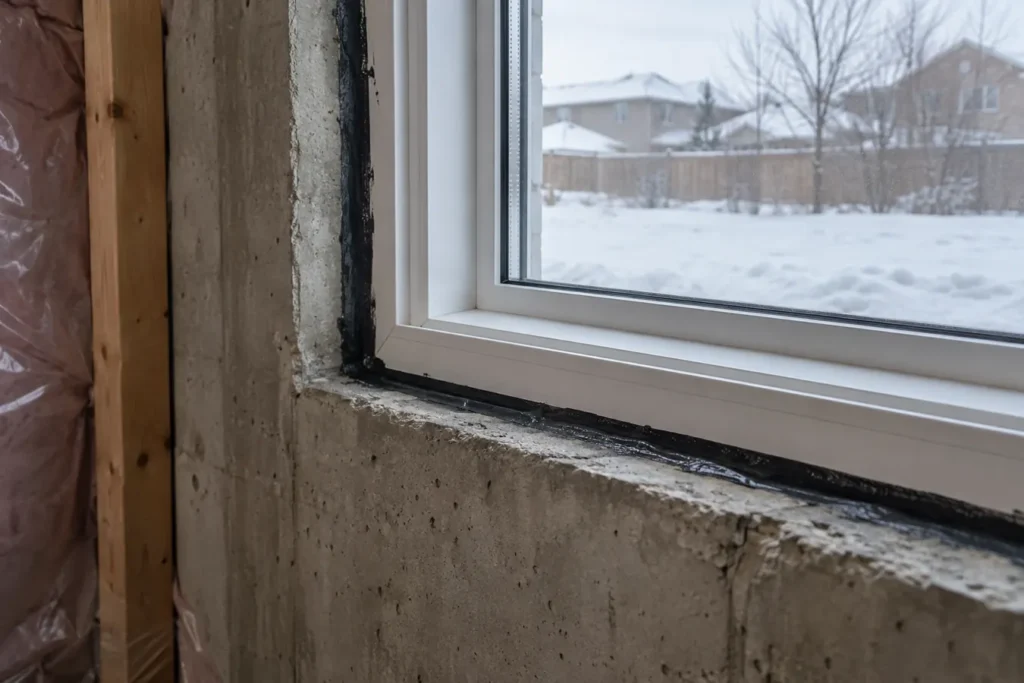 Window frame seal detail viewed from inside unfinished basement