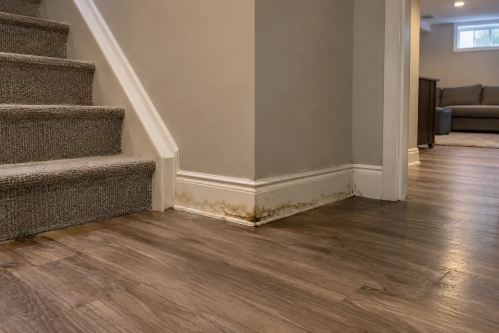 Finished basement staircase landing with damp baseboard