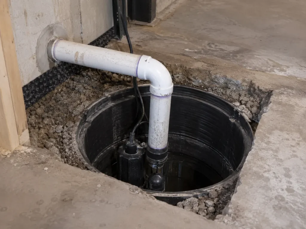 Interior drain pipe entering sump basin before slab restoration