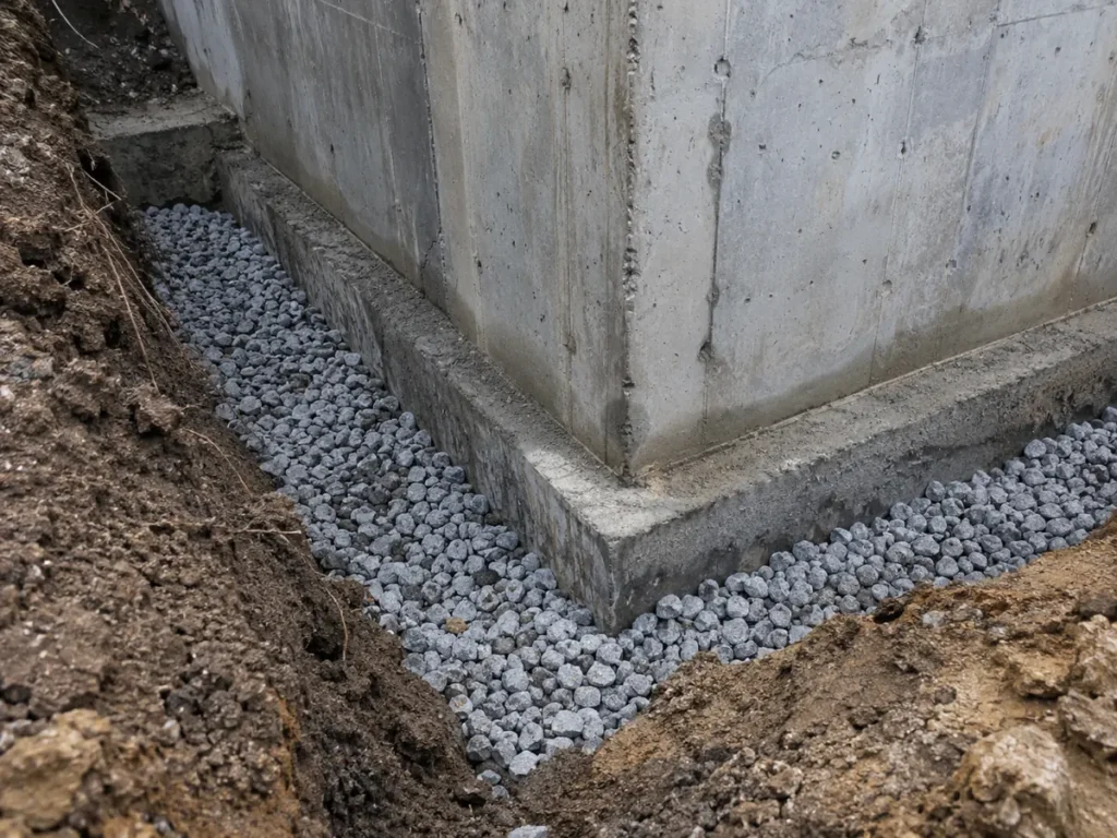 Drainage stone around footing at excavation corner