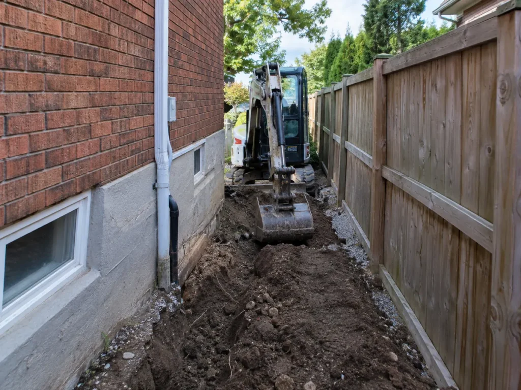 Residential house side yard with narrow excavation access