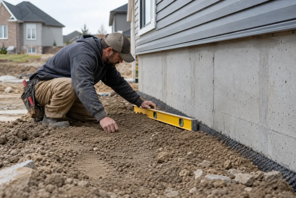 Contractor measuring grade beside foundation with level