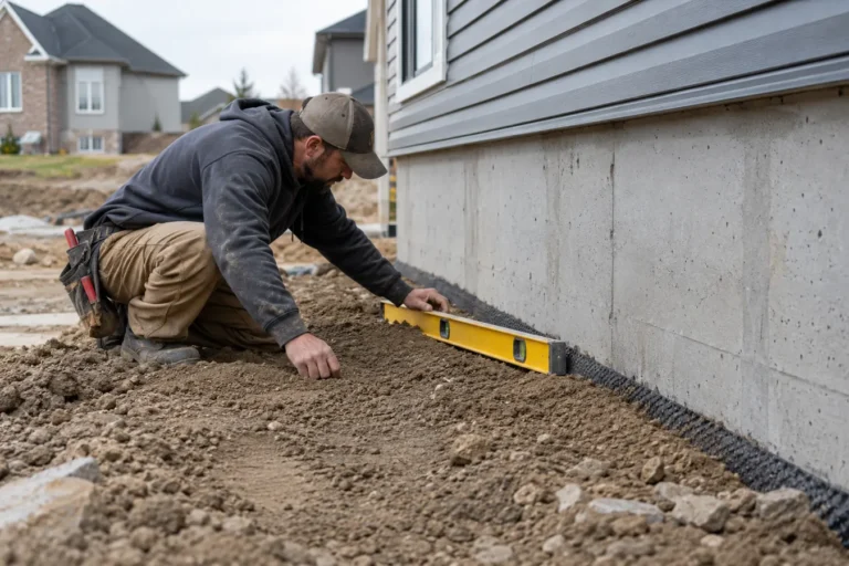 Contractor measuring grade beside foundation with level