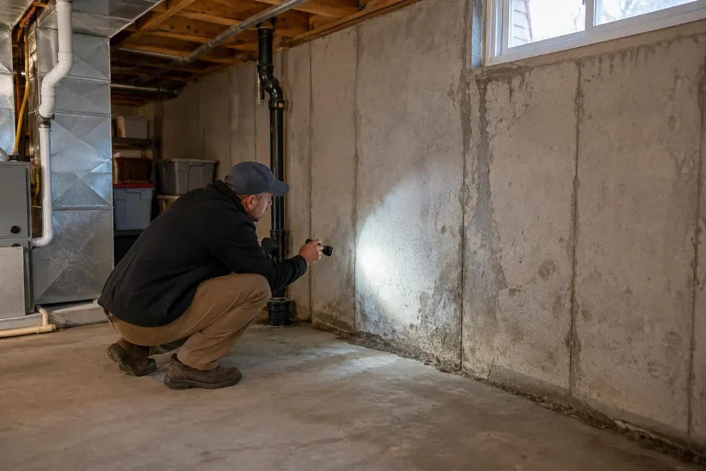 Basement inspection with flashlight on concrete wall