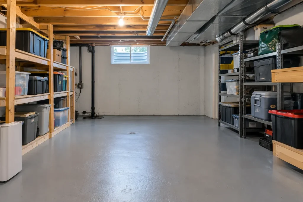 Clean dry basement storage room with exposed painted concrete