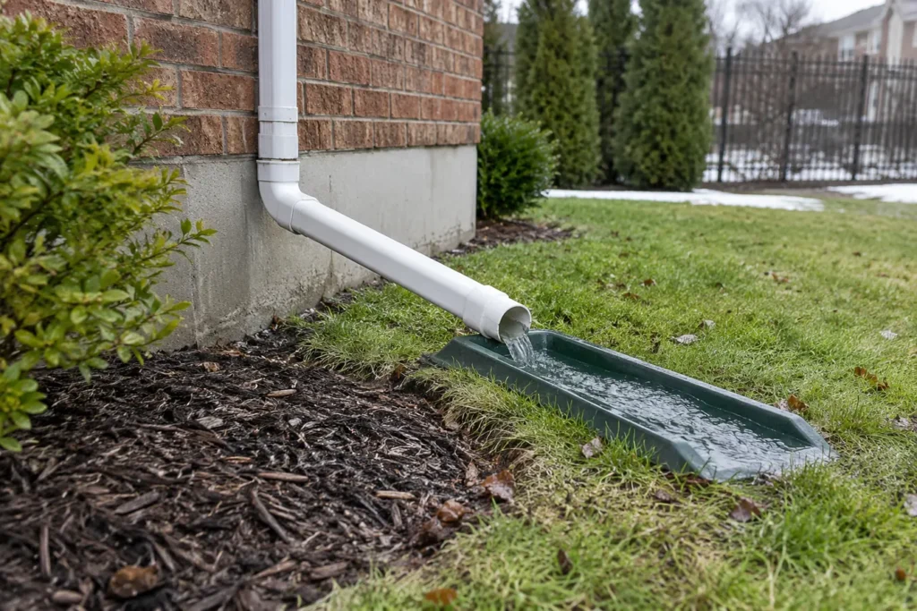 Exterior sump discharge with splash block away from foundation