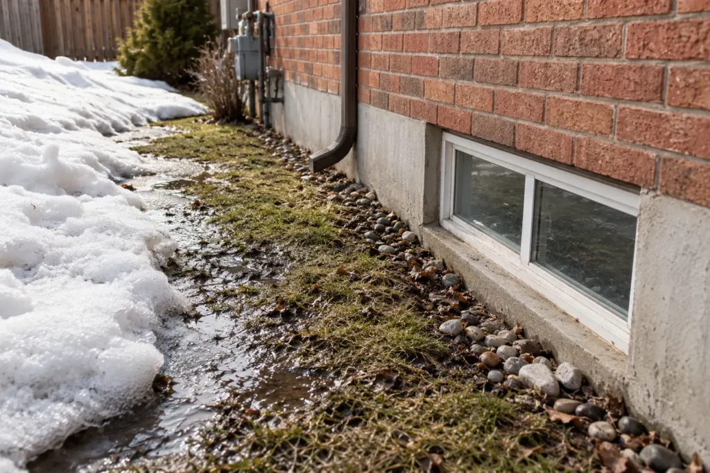 Spring snow thaw beside residential brick basement wall